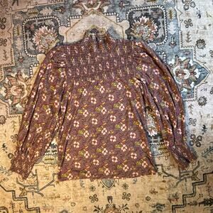 Nation LTD Sandrine Boheme Floral Mock Neck Smocked Open Back Top Pima Cotton XS